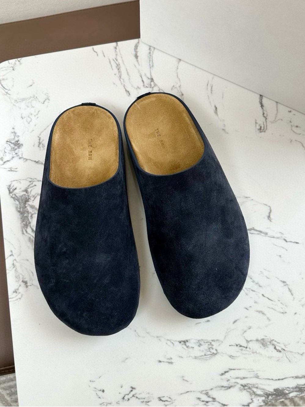 The Row Navy Suede Slip-On Sandal Mules with Tan Insole